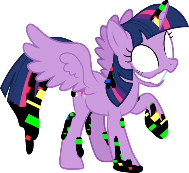 Size: 6000x5486 | Tagged: safe, artist:twilirity, derpibooru import, twilight sparkle, twilight sparkle (alicorn), alicorn, pony, .svg available, absurd resolution, blank eyes, corrupted, cutie mark, dusk till dawn, error, female, friday night funkin', image, inkscape, pibby, png, raised hoof, simple background, solo, teeth, transparent background, vector