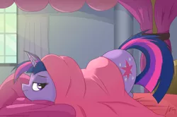 Size: 1754x1162 | Tagged: safe, artist:wonkysole, derpibooru import, twilight sparkle, pony, unicorn, 2016, bed, bed mane, blanket, crepuscular rays, cute, face down ass up, female, image, mare, morning ponies, old art, png, solo, sweet dreams fuel, tired, twiabetes