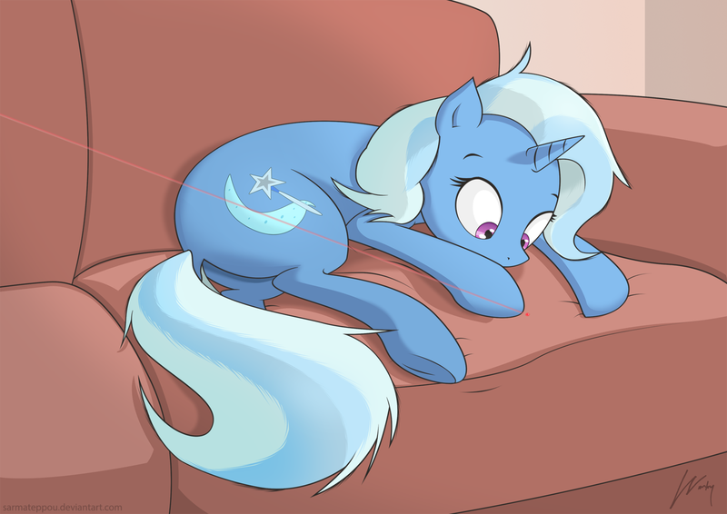Size: 1754x1240 | Tagged: safe, artist:wonkysole, derpibooru import, trixie, pony, unicorn, 2016, behaving like a cat, butt, couch, cute, diatrixes, female, image, laser, laser pointer, mare, old art, plot, png, solo