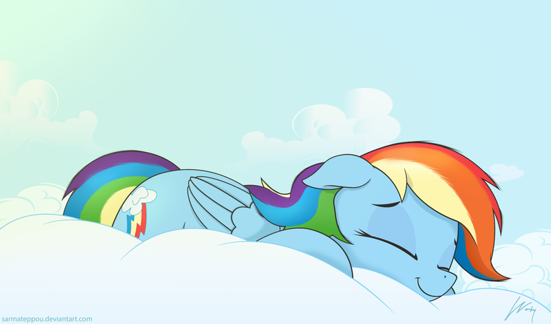 Size: 1754x1032 | Tagged: safe, artist:wonkysole, derpibooru import, rainbow dash, pegasus, pony, 2016, cloud, cute, dashabetes, eyes closed, female, floppy ears, image, lying down, mare, old art, on a cloud, png, prone, sleeping, sleeping on a cloud, smiling, solo