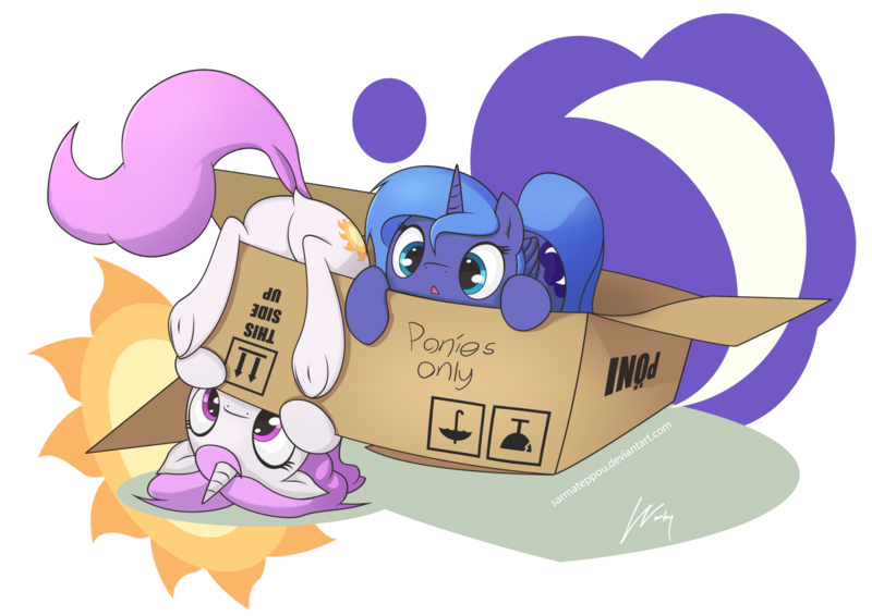 Size: 1754x1240 | Tagged: safe, artist:wonkysole, derpibooru import, princess celestia, princess luna, pony, 2016, :o, box, cewestia, cute, cutelestia, dock, female, filly, foal, image, lunabetes, old art, open mouth, pink-mane celestia, png, pony in a box, royal sisters, siblings, simple background, sisters, tail, transparent background, underhoof, upside down, woona, younger