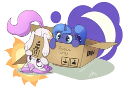Size: 1754x1240 | Tagged: safe, artist:wonkysole, derpibooru import, princess celestia, princess luna, pony, 2016, :o, box, cewestia, cute, cutelestia, dock, female, filly, foal, image, lunabetes, old art, open mouth, pink-mane celestia, png, pony in a box, royal sisters, siblings, simple background, sisters, tail, transparent background, underhoof, upside down, woona, younger