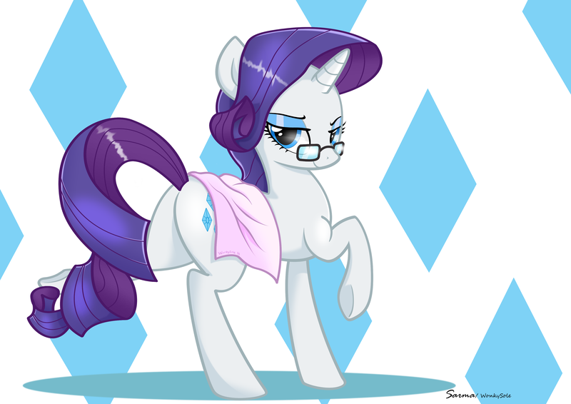 Size: 3508x2480 | Tagged: safe, artist:wonkysole, derpibooru import, rarity, pony, unicorn, 2016, butt, female, glasses, high res, image, looking at you, looking back, mare, old art, plot, png, rearity, solo, towel