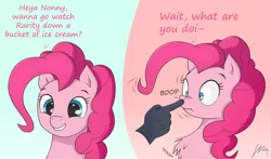 Size: 1754x1029 | Tagged: safe, artist:wonkysole, derpibooru import, pinkie pie, oc, oc:anon, human, 2016, blushing, boop, bust, chest fluff, cute, dialogue, diapinkes, disembodied hand, hand, image, offscreen character, old art, onomatopoeia, png, poof, portrait