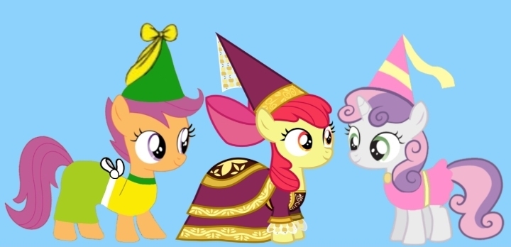 Size: 720x348 | Tagged: safe, artist:darlycatmake, derpibooru import, apple bloom, scootaloo, sweetie belle, earth pony, pegasus, pony, unicorn, for whom the sweetie belle toils, adorabloom, adorkable, adorkable friends, clothes, cute, cutie mark crusaders, dork, dress, dressup, female, filly, foal, happy, hat, hennin, image, jpeg, looking at each other, looking at someone, mare, princess, princess apple bloom, princess scootaloo, princess sweetie belle, proud, smiling, smiling at each other, trio, trio female