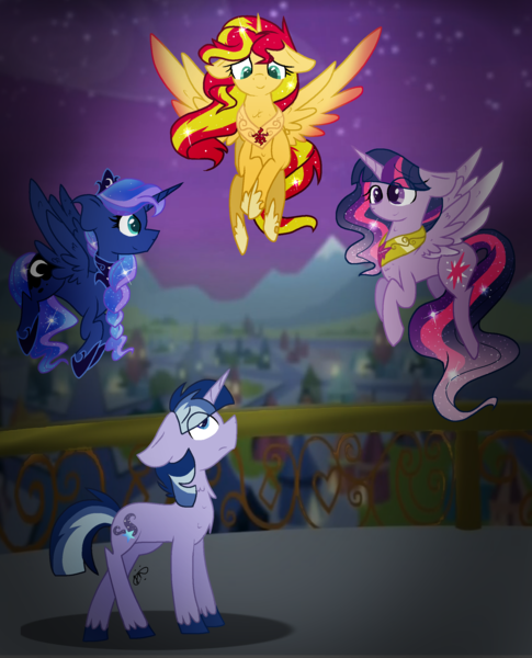 Size: 2100x2600 | Tagged: safe, artist:gallantserver, derpibooru import, princess luna, sunset shimmer, twilight sparkle, twilight sparkle (alicorn), oc, oc:artemis (gallantserver), alicorn, pony, unicorn, alicornified, image, magical lesbian spawn, male, offspring, parent:princess luna, parent:twilight sparkle, parents:twiluna, png, race swap, shimmercorn, stallion