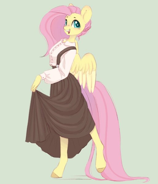 Size: 889x1037 | Tagged: safe, artist:melodylibris, derpibooru import, fluttershy, anthro, pegasus, pony, unguligrade anthro, clothes, colored pupils, cute, female, green background, image, jpeg, long sleeve shirt, mare, open mouth, open smile, shyabetes, simple background, skirt, smiling, solo, starry eyes, wingding eyes