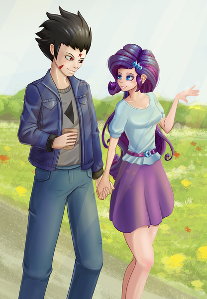 Size: 1258x1815 | Tagged: safe, artist:scs-g3-n17, derpibooru import, rarity, oc, human, canon x oc, clothes, female, humanized, image, jpeg, male, outdoors, skirt, smiling, straight