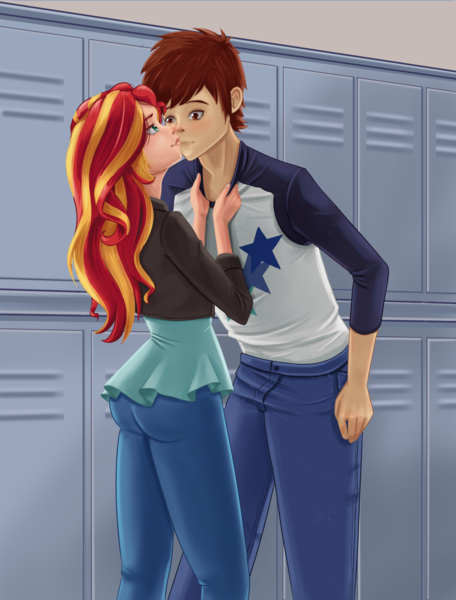 Size: 1504x1979 | Tagged: safe, artist:scs-g3-n17, derpibooru import, sunset shimmer, oc, human, canon x oc, clothes, female, humanized, image, indoors, kissing, lockers, male, pants, png, smiling, straight