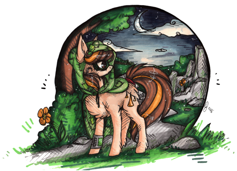 Size: 941x677 | Tagged: safe, artist:tayga-niko-j, derpibooru import, oc, unofficial characters only, earth pony, pony, chest fluff, crescent moon, earth pony oc, hood, image, looking back, moon, night, outdoors, png, simple background, solo, transparent background