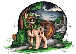 Size: 941x677 | Tagged: safe, artist:tayga-niko-j, derpibooru import, oc, unofficial characters only, earth pony, pony, chest fluff, crescent moon, earth pony oc, hood, image, looking back, moon, night, outdoors, png, simple background, solo, transparent background