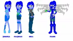 Size: 1200x677 | Tagged: safe, artist:robertsonskywa1, derpibooru import, equestria girls, alternate clothes, alternate design, alternate hairstyle, armor, bag, belly button, bionicle, claws, clothes, evolution, hahli, image, jpeg, lego, long hair, pads, photo, short hair, shoulder bag, shoulder pads, skirt, solo, text, wings