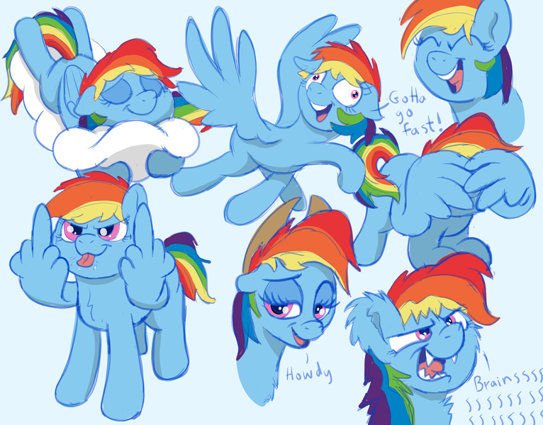 Size: 2922x2290 | Tagged: safe, artist:pony-thunder, derpibooru import, rainbow dash, applejack's hat, blue background, cloud, covering, cowboy hat, ear fluff, gotta go fast, hat, image, middle feather, middle finger, png, simple background, sleeping, solo, tongue out, vulgar, wing covering, wing hands, wings