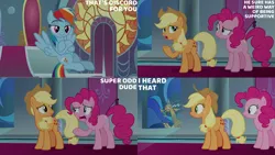 Size: 1280x720 | Tagged: safe, derpibooru import, edit, edited screencap, editor:quoterific, screencap, applejack, discord, pinkie pie, rainbow dash, draconequus, earth pony, pegasus, pony, season 9, the beginning of the end, spoiler:s09, applejack's hat, cowboy hat, crossed hooves, female, flying, hat, image, male, mare, open mouth, png, smiling, spread wings, text, wings