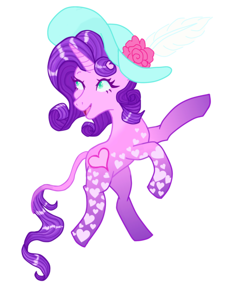 Size: 2892x3745 | Tagged: safe, artist:vernorexia, derpibooru import, pony, unicorn, curly mane, fancy, fancy free, feather, flower, g3, g3 to g4, g4, generation leap, gradient legs, green eyes, hat, heart, heart eyes, image, leonine tail, markings, png, pretty pattern pony, purple mane, redesign, rose, species swap, tail, unicornified, wingding eyes