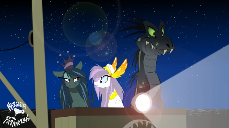 Size: 1920x1080 | Tagged: safe, artist:shawn keller, derpibooru import, screencap, oc, oc:athena (shawn keller), oc:lustrous (shawn keller), unofficial characters only, dinosaur, pegasus, pony, angry, bedroom eyes, boat, crown, female, flashlight (object), guardians of pondonia, image, indoraptor, jewelry, looking at each other, looking at someone, male, mare, margarita paranormal, night, not celestia, not chrysalis, ocean, pegasus oc, png, regalia, searchlight, ship, sky, smiling, smirk, smug, stars, the three kingdoms, water, wings