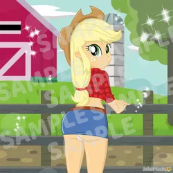 Size: 600x600 | Tagged: suggestive, artist:jakepixels, derpibooru import, applejack, equestria girls, adorasexy, applebutt, butt, cameltoe, clothes, cute, fence, image, jackabetes, looking at you, obtrusive watermark, panties, png, sample, sexy, smiling, smiling at you, stupid sexy applejack, underwear, watermark