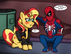 Size: 1920x1456 | Tagged: safe, artist:edcom02, derpibooru import, sunset shimmer, human, pony, unicorn, blushing, clothes, crossover, image, jacket, marvel, petting, png, speech bubble, spider-man