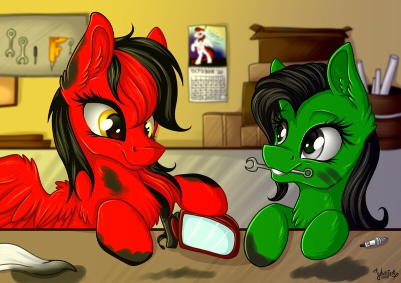 Size: 1280x905 | Tagged: safe, artist:julunis14, derpibooru import, oc, oc:gasolin, oc:skodia, unofficial characters only, earth pony, pegasus, calendar, chest fluff, ear fluff, image, jpeg, mirror, mouth hold, wrench