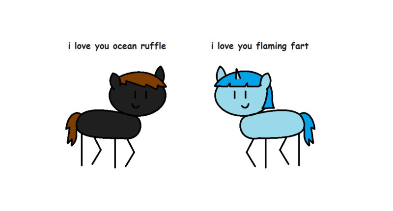 Size: 1190x640 | Tagged: safe, derpibooru import, oc, oc:flaming frets, oc:ocean ripple, unofficial characters only, earth pony, unicorn, comic sans, image, in a nutshell, oc x oc, png, shipping, simple background, stick pony, style emulation, white background