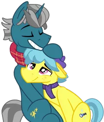 Size: 1164x1364 | Tagged: safe, artist:jadeharmony, derpibooru import, cloudy daze, curtain call, fashion plate, earth pony, unicorn, my little pony: pony life, blue mane, blue tail, crack shipping, curtain call (pony life), dark teal coat, eyes closed, fashioncall, freckles, g4, g4.5 to g4, gay, generation leap, gray mane, green-ish coat, grey tail, image, male, mane, missing accessory, pink eyes, png, purple hat, purple scarf, red scarf, shipping, tail, yellow coat