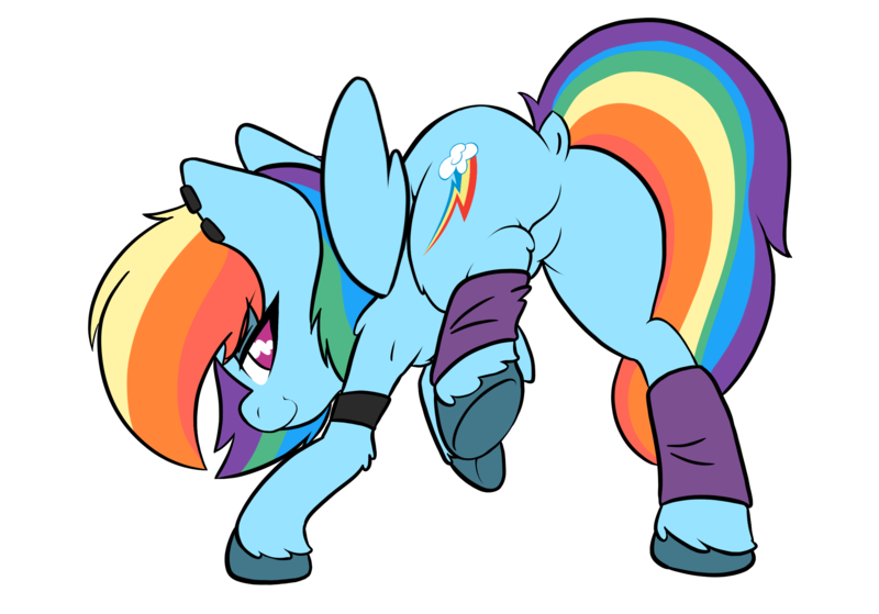 Size: 2388x1668 | Tagged: suggestive, artist:steelsoul, derpibooru import, rainbow dash, butt, clothes, dock, ear piercing, earring, featureless crotch, female, image, jewelry, leg warmers, looking at you, looking back, piercing, plot, png, simple background, smiling, solo, solo female, tail, underhoof
