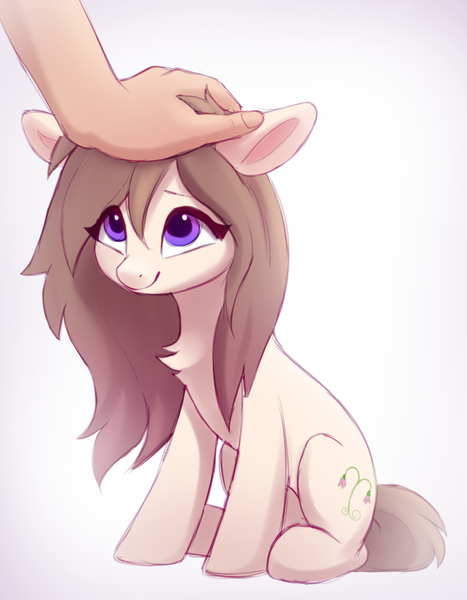 Size: 700x900 | Tagged: safe, artist:luminousdazzle, derpibooru import, oc, oc:linnea, unofficial characters only, earth pony, pony, cute, female, hand, image, long mane, looking up, mare, petting, png, purple eyes, simple background, sitting, smiling, solo, solo female, tiny