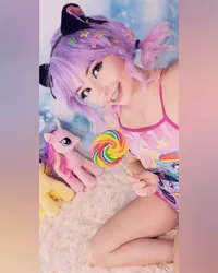 Size: 960x1200 | Tagged: suggestive, derpibooru import, fluttershy, princess cadance, human, belle delphine, braces, build-a-bear, candy, clothes, female, food, image, irl, irl human, jpeg, lollipop, photo, plushie, solo, solo female, swimsuit, toy