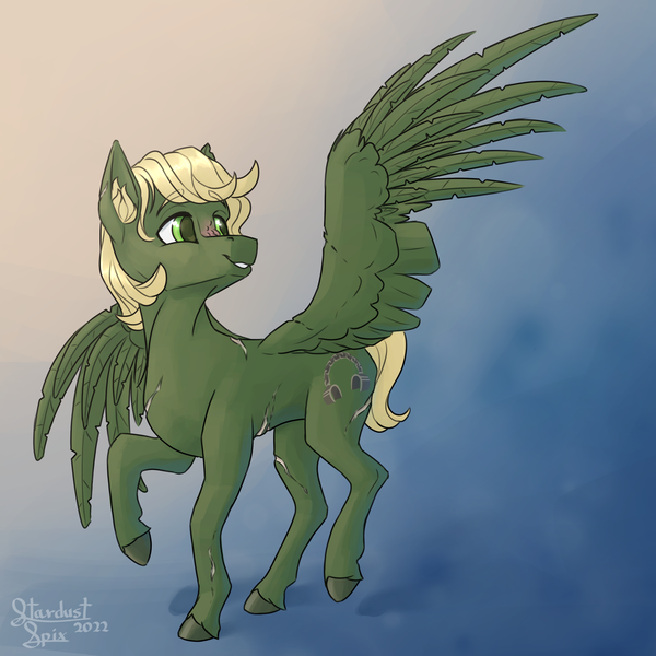 Size: 3200x3200 | Tagged: safe, artist:stardustspix, derpibooru import, oc, oc:murky, unofficial characters only, pegasus, pony, fallout equestria, fallout equestria: murky number seven, abstract background, fanfic art, image, png, scar, smiling, solo, wings