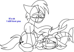 Size: 2921x2042 | Tagged: safe, artist:feather_bloom, derpibooru import, oc, oc:blueskies, oc:featherbloom, draconequus, earth pony, comforting, couple, dialogue, earth pony oc, image, png, quick sketch, species swap