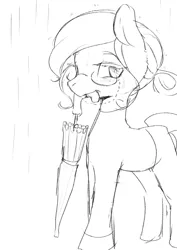 Size: 2508x3541 | Tagged: safe, artist:yajima, derpibooru import, oc, oc:sight jug, unofficial characters only, earth pony, pony, female, glasses, image, jpeg, looking at you, mare, mouth hold, rain, simple background, solo, umbrella, white background