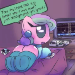 Size: 2000x2000 | Tagged: suggestive, artist:cushyhoof, derpibooru import, oc, oc:yedna letelier, unofficial characters only, earth pony, pony, bed, blank flank, butt, clothes, cute, female, fetish, frog (hoof), high res, hoof fetish, hoofbutt, hooves, image, laying on bed, lying down, mare, on bed, open mouth, pc engine, pc engine cd, plot, png, short tail, socks, tail, text, underhoof