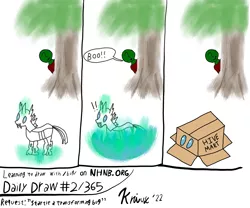 Size: 2111x1754 | Tagged: safe, artist:krivvy, derpibooru import, oc, oc:anon, changeling, human, series:learning to draw with /bug/, 3 panel comic, beginner artist, cardboard box, comic, disguise, disguised changeling, image, inanimate tf, magic, nhnb, png, requested art, simple background, speech bubble, startled, surprised, transformation, tree