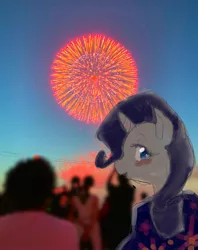 Size: 1620x2048 | Tagged: safe, artist:yajima, derpibooru import, rarity, pony, unicorn, female, fireworks, horn, image, jpeg, looking at you, looking back, looking back at you, mare