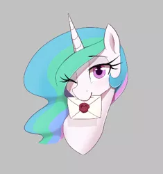 Size: 391x416 | Tagged: safe, artist:thebatfang, derpibooru import, princess celestia, alicorn, pony, aggie.io, eye clipping through hair, female, gray background, image, letter, looking at you, mare, mouth hold, one eye closed, png, simple background, smiling, wink, winking at you