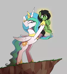 Size: 438x487 | Tagged: safe, artist:thebatfang, derpibooru import, princess celestia, oc, oc:anonfilly, alicorn, earth pony, pony, aggie.io, cliff, duo, eyes closed, female, filly, foal, gray background, holding a pony, image, mare, png, simple background, smiling, the lion king