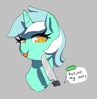 Size: 343x349 | Tagged: safe, artist:thebatfang, derpibooru import, lyra heartstrings, oc, oc:anon, pony, unicorn, aggie.io, female, food, image, implied anon, knife, knife cat, l.u.l.s., mare, oats, offscreen character, png, simple background, smiling, smug, tongue out