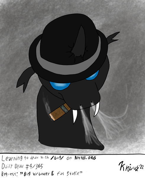 Size: 1754x2147 | Tagged: safe, artist:krivvy, derpibooru import, changeling, series:learning to draw with /bug/, abstract background, beginner artist, bowler hat, bust, cigar, hat, image, looking at you, nhnb, png, portrait, requested art, smoke, smoking, solo