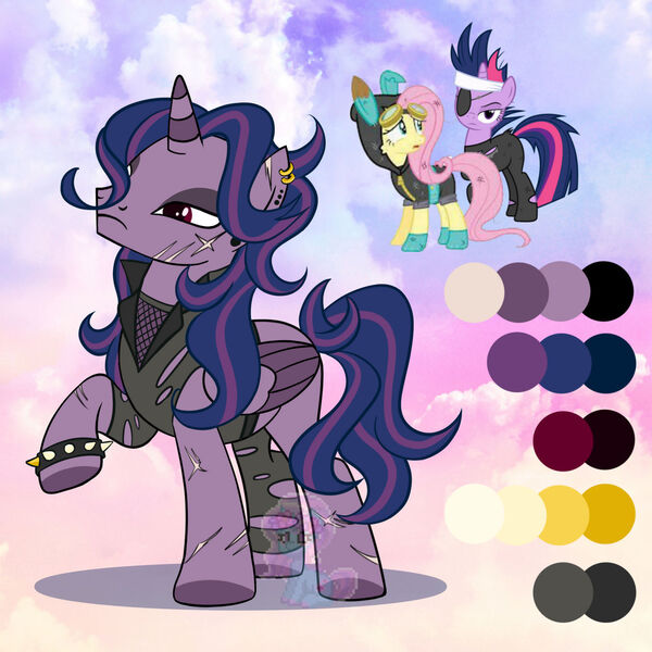 Size: 1280x1280 | Tagged: safe, artist:shiee-artopia223, derpibooru import, fluttershy, twilight sparkle, alicorn, pony, unicorn, base used, clothes, costume, dangerous mission outfit, ear piercing, earring, eyelashes, female, fusion, future twilight, goggles, hoodie, image, jewelry, jpeg, mare, piercing, scar, torn clothes, unicorn twilight