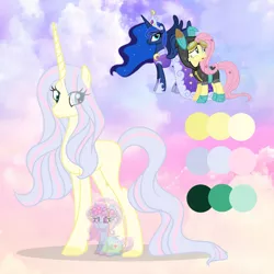 Size: 1280x1280 | Tagged: safe, artist:shiee-artopia223, derpibooru import, fluttershy, princess luna, pony, unicorn, base used, clothes, costume, dangerous mission outfit, dress, eyelashes, female, fusion, goggles, hoodie, hoof shoes, image, jpeg, mare