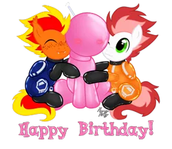 Size: 2360x2051 | Tagged: suggestive, artist:mommymidday, derpibooru import, oc, oc:fireheart(fire), oc:latex cutie, oc:swift apex, hybrid, pegasus, :3, blushing, bondage, clothes, eyes closed, gloves, happy birthday, image, inflatable suit, latex, latex boots, latex gloves, latex socks, latex suit, nuzzling, pegabat, png, poofsuit, prisoner, socks