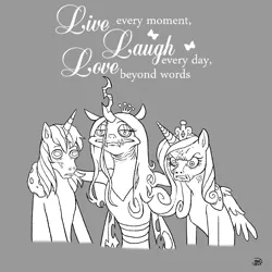 Size: 1600x1600 | Tagged: safe, artist:socialgutbrain777, derpibooru import, princess cadance, queen chrysalis, shining armor, alicorn, changeling, pony, unicorn, angry, faic, humor, image, live laugh love, monochrome, png, wat