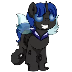 Size: 1000x1000 | Tagged: safe, artist:pvryohei, derpibooru import, oc, oc:swift dawn, unofficial characters only, changeling, pony, big grin, blue changeling, blue eyes, changeling oc, commission, cute, foal, grin, horn, image, ocbetes, png, simple background, smiling, standing, toothy grin, transparent background, wings, young, younger