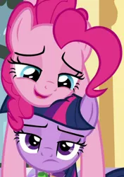 Size: 418x595 | Tagged: safe, derpibooru import, screencap, pinkie pie, twilight sparkle, twilight sparkle (alicorn), alicorn, earth pony, pony, cakes for the memories, spoiler:cakes for the memories, spoiler:mlp friendship is forever, cropped, duo, duo female, female, frown, image, lidded eyes, looking at you, lying down, lying on top of someone, mare, pinkie being pinkie, png, smiling, sugarcube corner, twilight sparkle is not amused, unamused