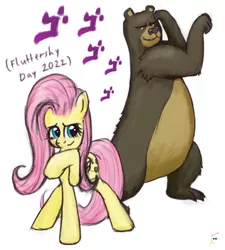 Size: 1280x1423 | Tagged: safe, artist:hiddelgreyk, derpibooru import, fluttershy, harry, bear, pegasus, pony, fluttershy day, image, jojo pose, jpeg, menacing, simple background