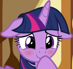 Size: 603x575 | Tagged: safe, derpibooru import, screencap, twilight sparkle, twilight sparkle (alicorn), alicorn, pony, cakes for the memories, spoiler:cakes for the memories, spoiler:mlp friendship is forever, adorkable, blushing, cropped, cute, dork, embarrassed, female, floppy ears, hoof over mouth, image, mare, png, smiling, solo, sugarcube corner, twiabetes