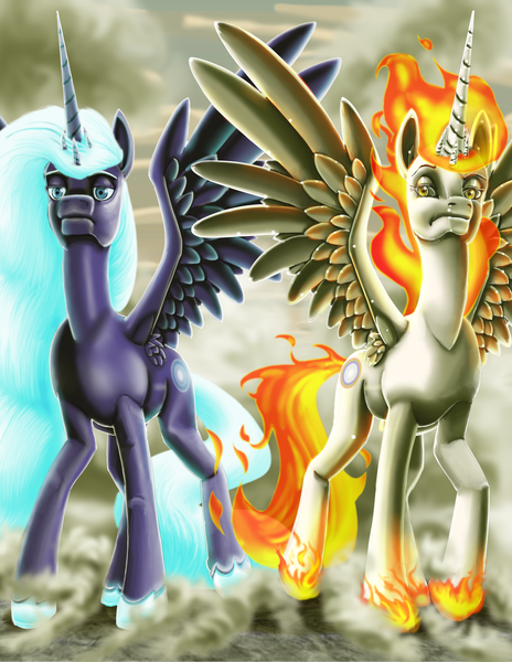 Size: 2550x3300 | Tagged: safe, artist:amalgamzaku, derpibooru import, oc, oc:orbash, oc:tau sunflare, alicorn, fanfic:the lost element, alicorn oc, cloud, dust, ethereal mane, ethereal tail, female, horn, image, male, png, tail, wings