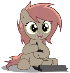 Size: 3400x3540 | Tagged: safe, artist:strategypony, derpibooru import, oc, oc:atari, unofficial characters only, earth pony, pony, atari, atari 2600, console, controller, earth pony oc, female, filly, foal, image, namesake, playing, png, pun, simple background, transparent background, video game, visual pun
