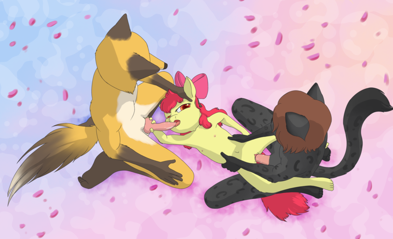 Size: 4385x2672 | Tagged: explicit, artist:tomlad, banned from derpibooru, apple bloom, oc, anthro, earth pony, plantigrade anthro, age difference, breasts, canon x oc, creampie, cum, delicious flat chest, female, furry, group sex, image, licking, lolicon, penetration, png, sex, size difference, threesome, tongue out, underage, vaginal