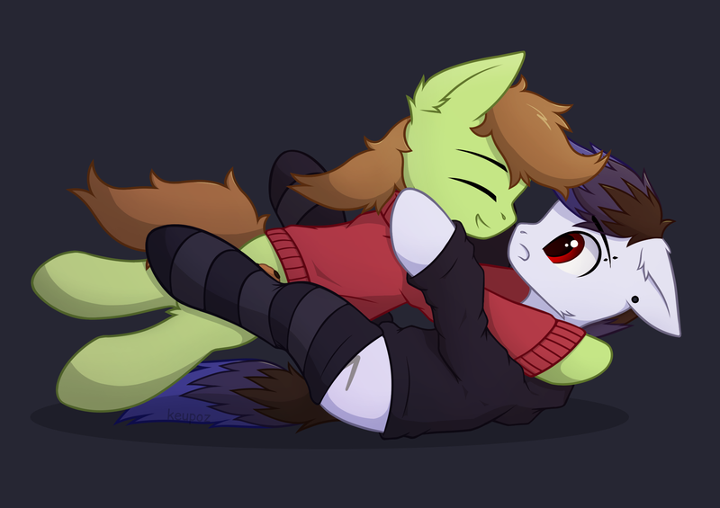 Size: 2176x1536 | Tagged: safe, artist:keupoz, derpibooru import, oc, oc:keupoz, unofficial characters only, earth pony, clothes, commission, cutie mark, ear piercing, earth pony oc, glomp, hoodie, image, lying down, on back, piercing, png, simple background, socks, striped socks, sweater